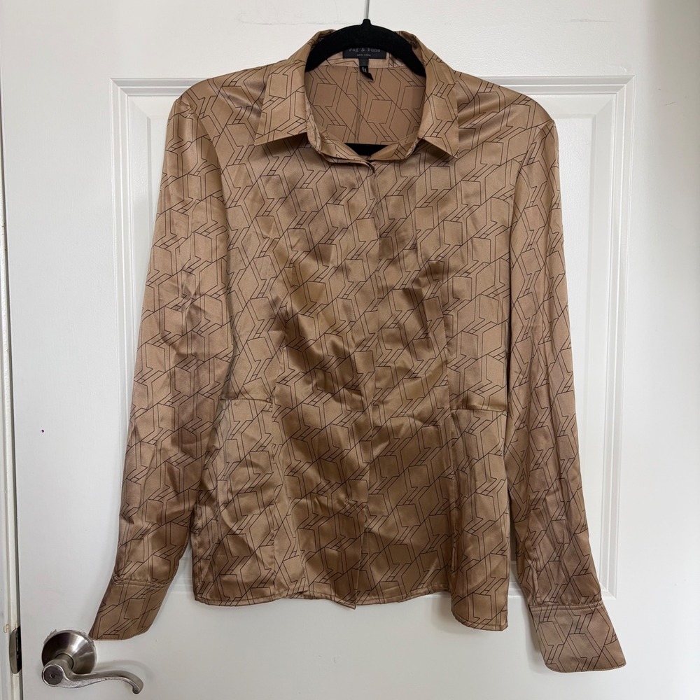 Rag & Bone Silk Geometric Print Blouse Bronze Tan Long Sleeve Button Up Top S
